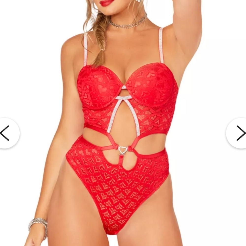 Body Rage Red Heart Lace Bodysuit W/Silver Sparkly Straps & Rhinestone Heart (M)